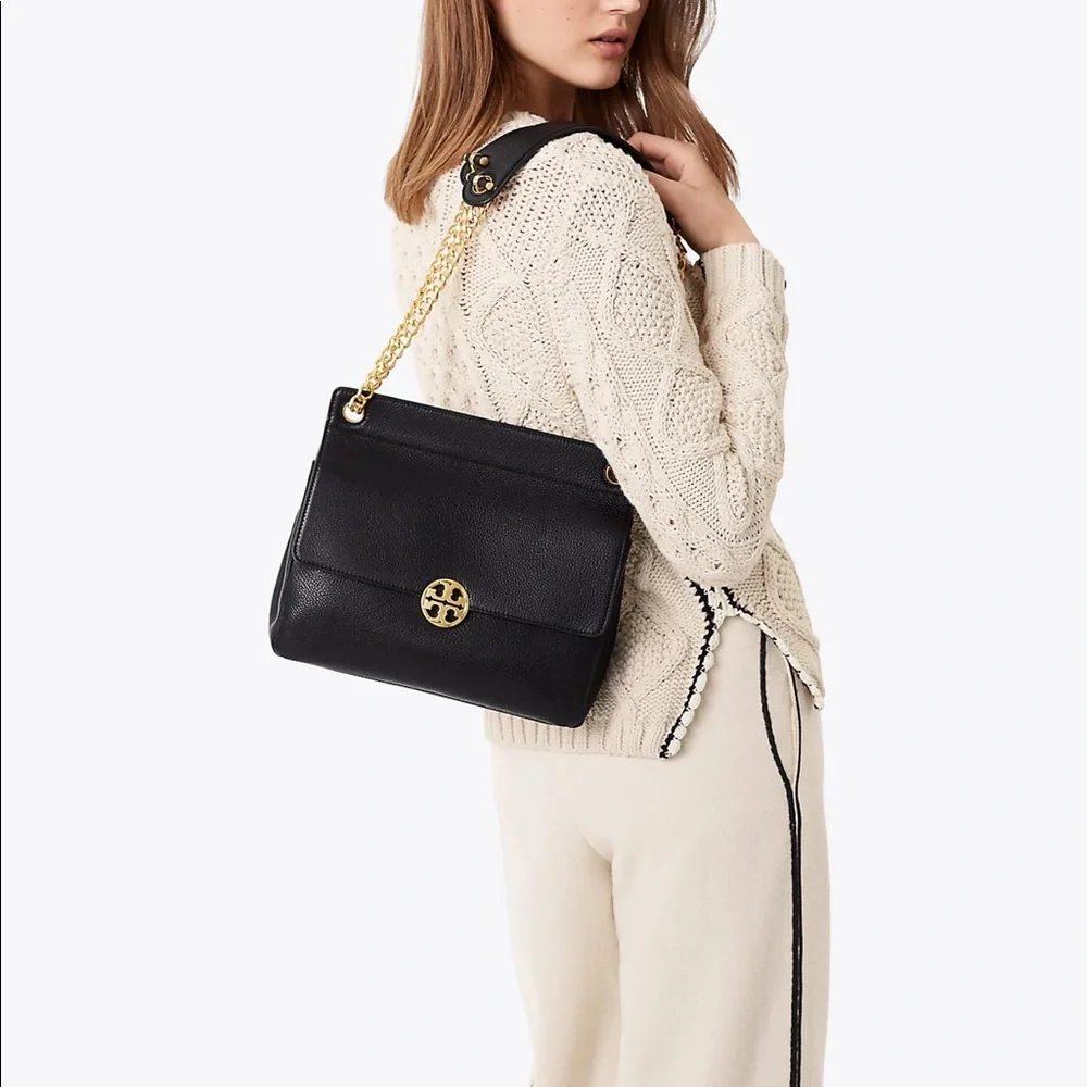 Tory burch black chain strap flap bag